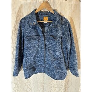 Ruby Road Women's Blue Denim Jacket Tribal Print Cropped Sleeve Size 16